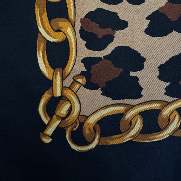 ECHO Silk Scarf Leopard Print Chain Logo Black Gold Brown Made in France Vintage - Picture 3 of 7